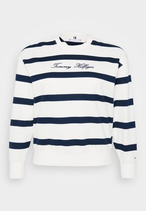 Witte sweatshirt met marineblauwe horizontale strepen, ronde hals en geborduurd "Tommy Hilfiger" logo op de borst. Geribbelde manchetten en zoom.