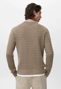 Sweater de punto beige con un patrón texturizado, puños y dobladillo acanalados, escote redondo y silueta ajustada, mostrado desde la parte posterior.