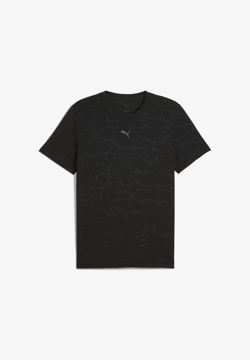 Must on lühikeste varrukate ja tekstuuriga muster, millel on rinnal väike valge Puma logo. Ühtlane valge taust.