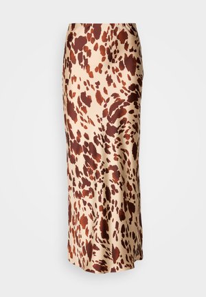 Beige satiin midi-seelik pruunide abstraktsete laikudega, sirge silueti ja peene läikega. Ühtlane ja sile tekstuur.