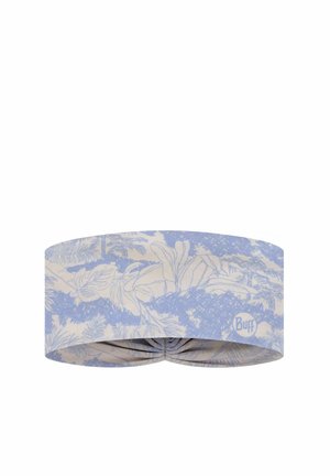 Light blue and beige floral patterned fabric headband with slight twist and "Buff" logo on side.