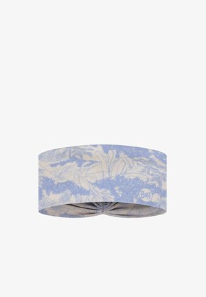 Light blue and beige floral patterned fabric headband with slight twist and "Buff" logo on side.
