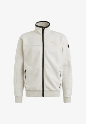 Jasnoszara kurtka na zamek błyskawiczny z wysokim kołnierzem, czarnym zamkiem i akcentami, ściągaczami przy mankietach i dole, z małym logo na piersi.