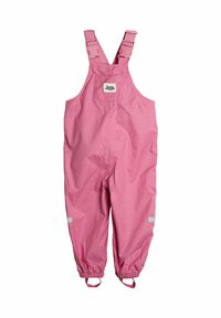 Rosa wasserfeste Latzhose mit verstellbaren Trägern, elastischen Bündchen und reflektierenden Akzenten. Auf der Vorderseite befindet sich ein Markenlabel.