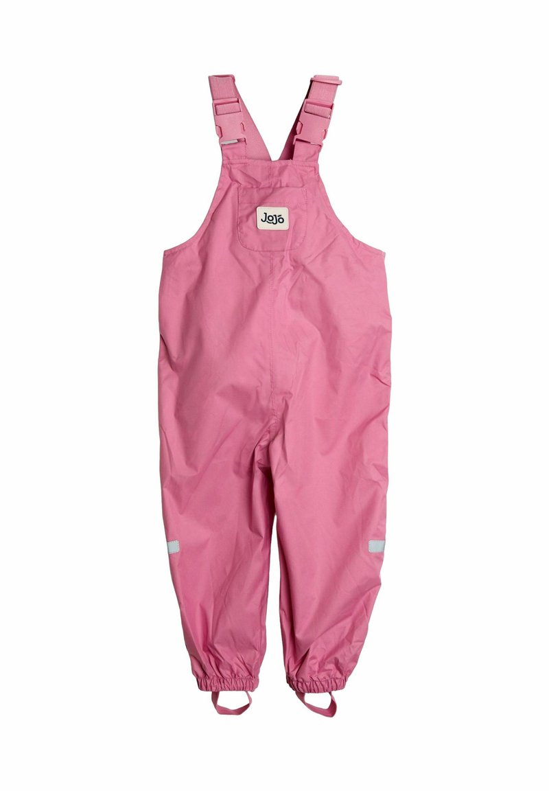 Rosa wasserfeste Latzhose mit verstellbaren Trägern, elastischen Bündchen und reflektierenden Akzenten. Auf der Vorderseite befindet sich ein Markenlabel.