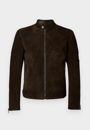 Brown suede jacket with a high collar, front zipper, and quilted shoulder details. Features side zippered pockets and smooth leather accents.