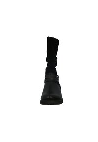 Botín negro con parte superior de ante, eje elástico y un acento de tira texturizada. Punta redondeada y suela de goma plana con detalles de costura.