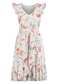 Blumenkleid aus weißem Stoff mit kurzen Rüschensäumen, einem V-Ausschnitt, einer taillierten Taille und einem ausgestellten Saum mit Rüschendetails.