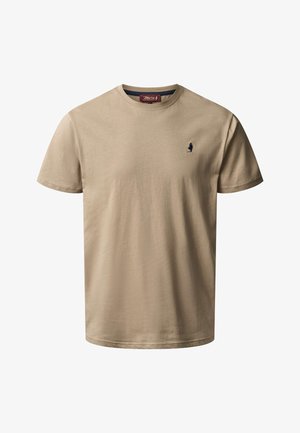 Bež pametna majica kratkih rukava od pamuka s okruglim izrezom i malim tamnim izvezenim logotipom na lijevoj strani prsa.