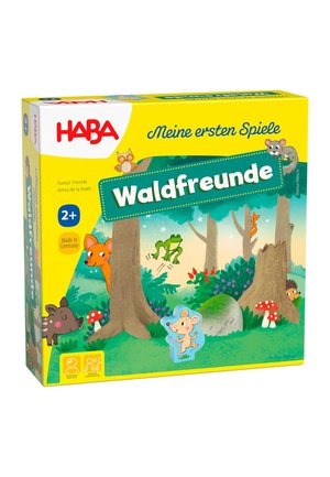 Children's board game box with forest animals like mouse, frog, fox, owl, and hedgehog among trees and mushrooms. Suitable for ages 2 and up.