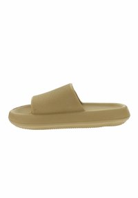 Infradito beige con una fascia superiore testurizzata e una suola spessa e ammortizzata. Presenta una finitura liscia e una suola scanalata per una migliore aderenza.