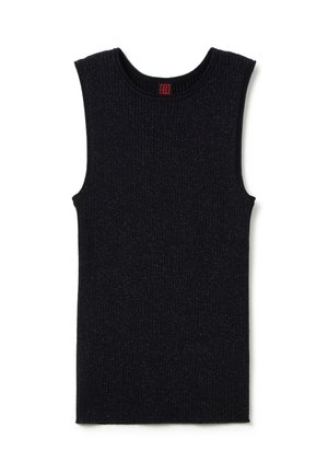Top nero senza maniche realizzato in tessuto a costine. Caratterizzato da un collo rotondo e una superficie texturizzata con sottili riflessi metallici.
