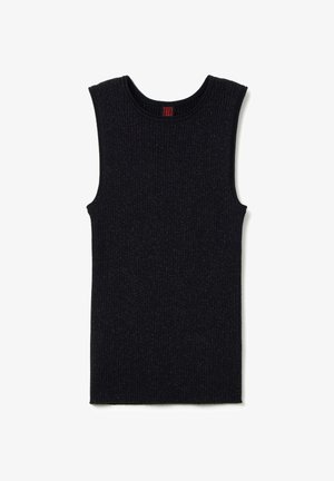 Schwarzes ärmelloses Top aus geripptem Strickstoff. Hat einen runden Halsausschnitt und eine strukturierte Oberfläche mit dezenten metallischen Einsprenkelungen.