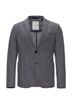 Gray, textured blazer with two front pockets, single button closure, and notch lapels. Interior features a label and trim.