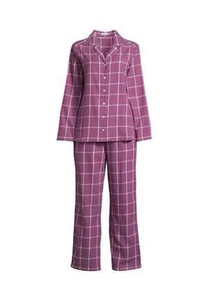 Paarse blouse met lange mouwen en knopen, en bijpassende rechte broek met een wit geruit patroon, ontworpen als een tweedelig pyjamapak.