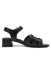 Sort lavhælet sandal med justerbar ankelrem og tre polstrede vandrette remme over forfoden.