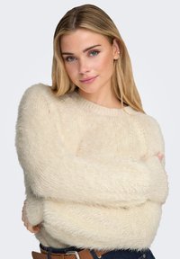 Cream fuzzy sweater with a ribbed texture, round neckline, and long sleeves. Features a relaxed fit with a soft, warm appearance.