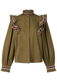 Blusa verde oliva con spalle arruffate, collo alto e maniche lunghe gatherate. I dettagli includono accenti ricamati colorati sulle spalle e sui polsini.
