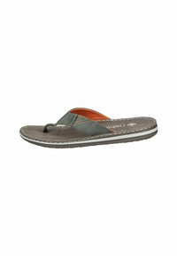 Men's flip-flop featuring a green synthetic upper with orange accents, cushioned footbed, and a textured brown outsole with white stitching.