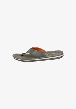 Herre flip-flops med en grøn syntetisk overdel og orange detaljer, polstret sål og en struktureret brun ydersål med hvid syning.