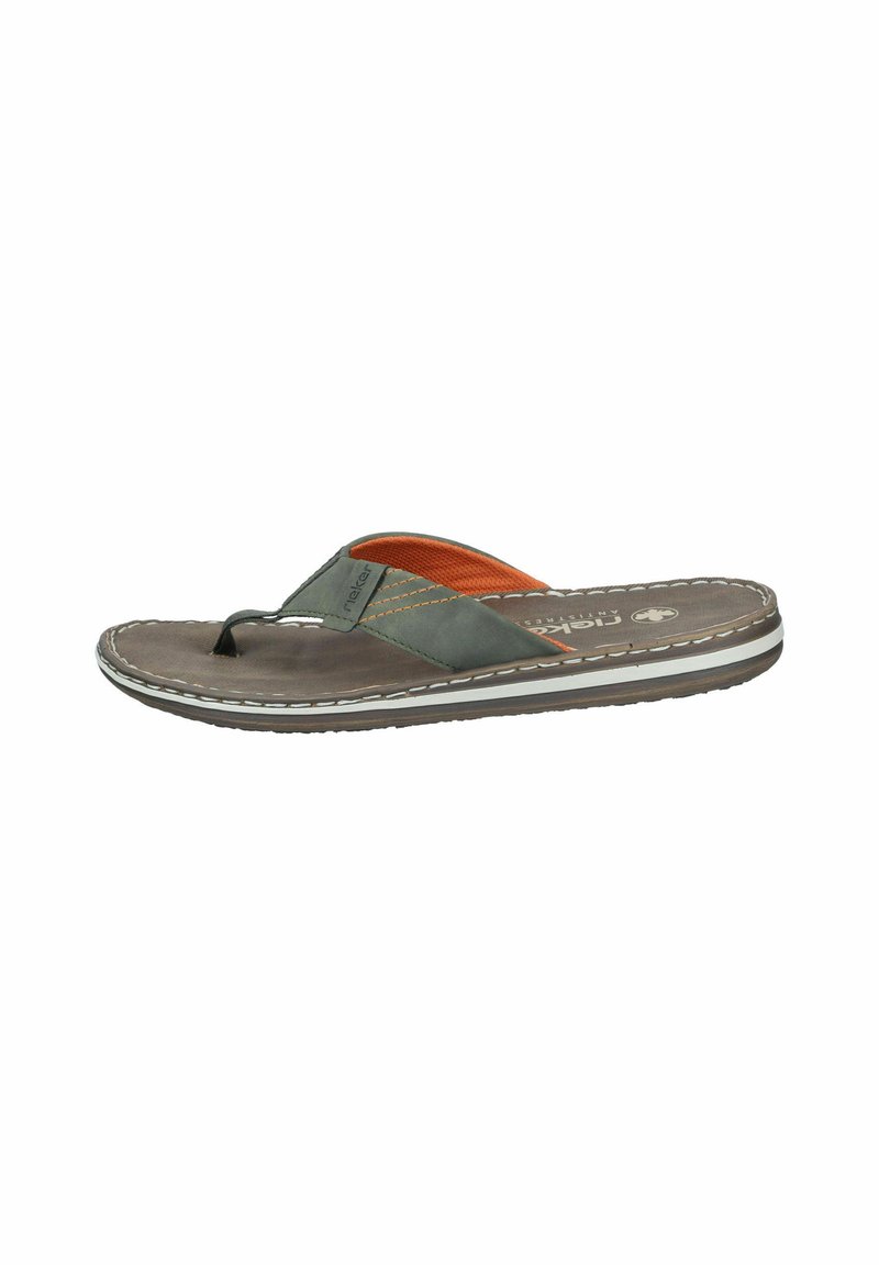 Men's flip-flop featuring a green synthetic upper with orange accents, cushioned footbed, and a textured brown outsole with white stitching.
