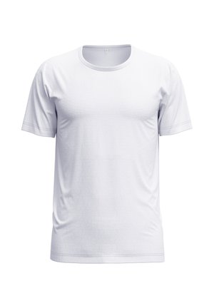 White cotton t-shirt with short sleeves, crew neck, and a smooth texture. Features no patterns or graphics, showcasing a simple design.
