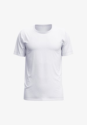 White cotton t-shirt with short sleeves, crew neck, and a smooth texture. Features no patterns or graphics, showcasing a simple design.