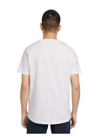 White cotton t-shirt with a round neck, short sleeves, and a straight hem, shown from the back. No graphics or patterns visible.
