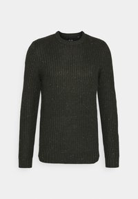 Dunkelgrüner Strickpullover mit strukturiertem Rippmuster, Rundhalsausschnitt und langen Ärmeln. Verfügt über dezente gesprenkelte Details.