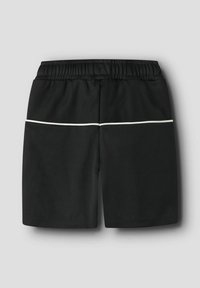 Shorts de sport noirs avec une taille élastique et une bande horizontale blanche séparant le tissu en maille supérieur du tissu uni inférieur.