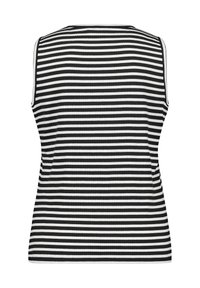 Černo-bílý proužkovaný žebrovaný tílko s přiléhavým střihem a bezrukávovým stylem. Má vertikální pruhy a hladkou texturu.