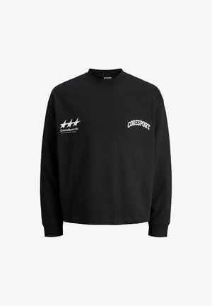 Juodas medvilninis sportinis megztinis su apvaliu kaklu, su baltu "Coresport" užrašu ir trimis baltais žvaigždžių motyvais kairėje pusėje.