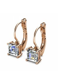Ohrringe in Roségold mit quadratischen klaren Kristallen, ausgestattet mit einem schlanken, metallischen Finish und strukturierten Krappenfassungen.