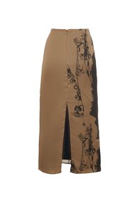 Jupe midi marron avec imprimé floral abstrait noir sur un côté et fente sur le devant, dotée d'une fermeture éclair au dos.