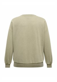 Helles olivgrünes Sweatshirt mit Rundhalsausschnitt, langen Ärmeln mit elastischen Bündchen, weichem Stoff, lockerer Passform, einfarbig ohne zusätzliche Muster oder Details.