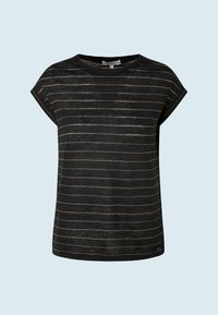 Sort t-shirt med rullede korte ærmer, der har vandrette striber i forskellige farver. Materialet ser blødt ud og har en afslappet pasform.