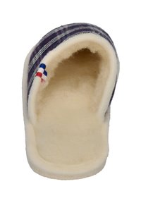 Wool slipper with a striped purple and blue upper, white interior lining, open back design, and slight curve at the edges.
