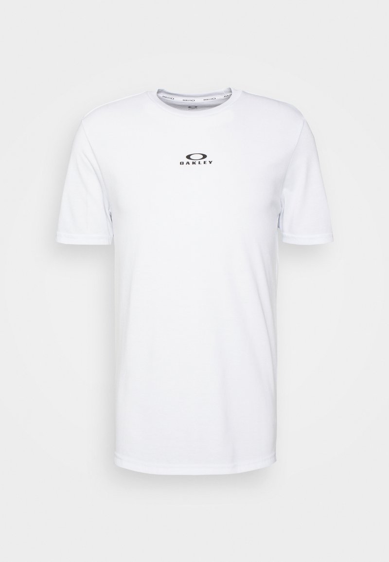 White cotton t-shirt with short sleeves, featuring a black "Oakley" logo on the front and a round neckline. Smooth texture and casual fit.