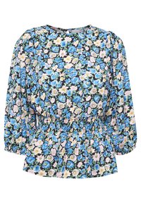 Blouse à manches longues florale avec des fleurs bleues, roses et jaunes sur fond noir, avec une taille froncée et un col rond.
