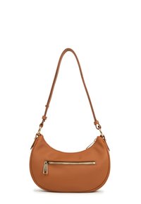 Tan leather shoulder bag with a curved shape, gold-tone zipper detail on the front, and an adjustable strap for versatility.