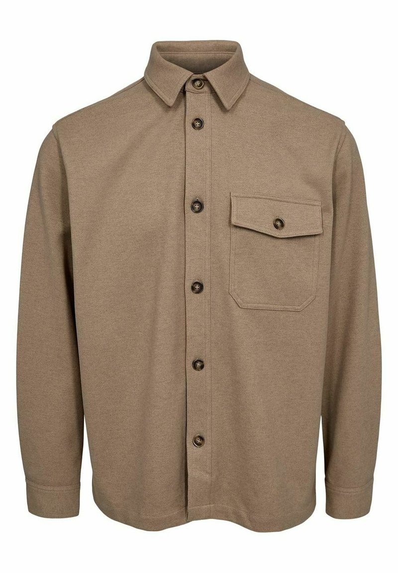 Brązowa koszula zapinana na guziki z kołnierzykiem, długimi rękawami, jedną kieszenią na piersi i brązowymi guzikami. Wykonana z teksturowanej tkaniny.