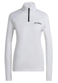 Haut de sport blanc à manches longues avec une fermeture éclair noire au quart et un logo « TERREX » sur la poitrine gauche, avec des trous pour les pouces sur les manches.