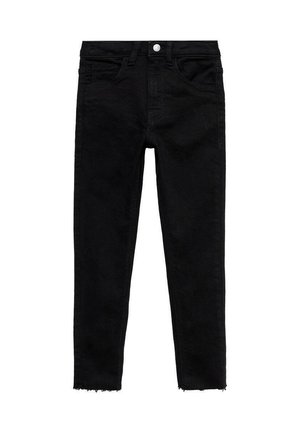 Jean skinny en denim noir avec ourlet effiloché, doté de cinq poches et d'une fermeture à bouton à l'avant. Texture lisse et coupe près du corps.