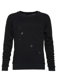 Felpa nera a maniche lunghe con collo rotondo e testo in rilievo che elenca le città: Superdry, Parigi, New York, Londra, Superdry.