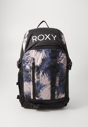 Mochila con una parte superior negra, que presenta un diseño abstracto en rosa y azul. Incluye cremalleras, correas y un destacado logo "ROXY".