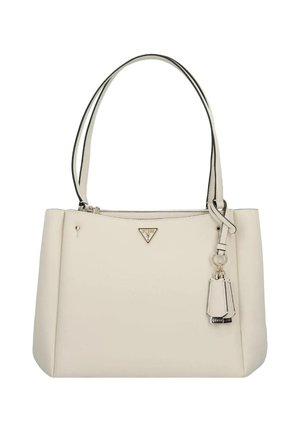Borsa tote in pelle color crema con doppi manici, hardware argentato e un charm decorativo. Texture liscia e forma geometrica.