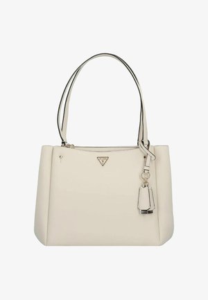 Borsa tote in pelle color crema con doppi manici, hardware argentato e un charm decorativo. Texture liscia e forma geometrica.