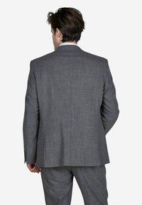 Grijze blazer met een gestructureerde weving, voorzien van een twee-knopen voorkant en notch revers. De achterkant toont een enkele split en een getailleerde pasvorm.