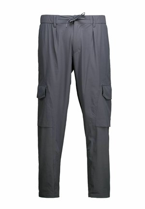 Tamnosive teretne hlače sa bočnim džepovima s preklopom, petljama za remen i prednjim zatvaranjem na vezanje.