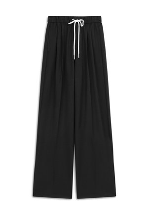 Pantalones de pierna ancha negros, hechos de una tela suave, con cintura ajustable y pliegues para mayor detalle. Textura lisa con un corte relajado.
